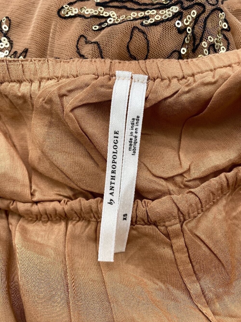 Anthropologie Sequined Tulle Midi/Maxi Dress Tan Embroidered Wedding Guest XS - Picture 9 of 12